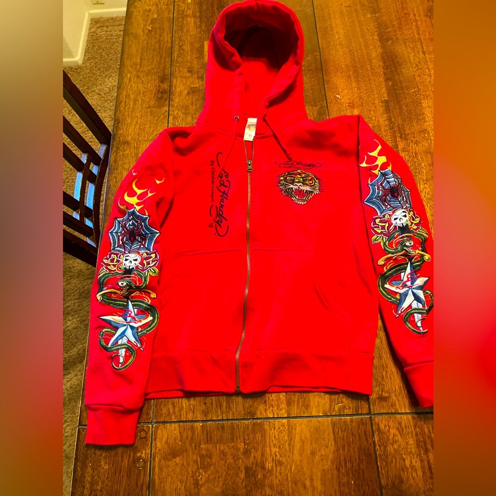 Rare Vintage Y2K Ed Hardy Embroidered and Rhinestone Tiger Hoodie